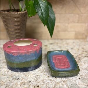 Vintage Studio Art Ceramic Pottery Toothbrush & Soap Holder Artist Signed